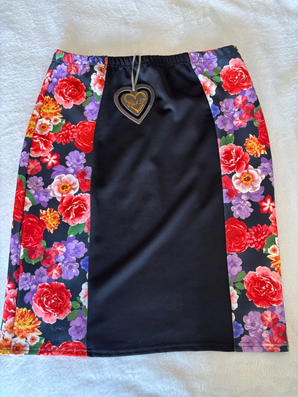 Club L Floral-Panel Black knee length Pencil Skirt stretch waist